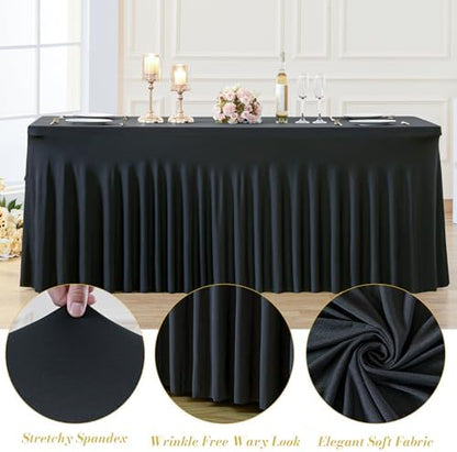 Besutolife 4 Pack Black Spandex Table Cloth for 6ft Rectangle Tables, Wrinkle Free Spandex Table Covers 6ft, Stretch Tablecloth with Skirt for Wedding Banquet Party Halloween Decorations
