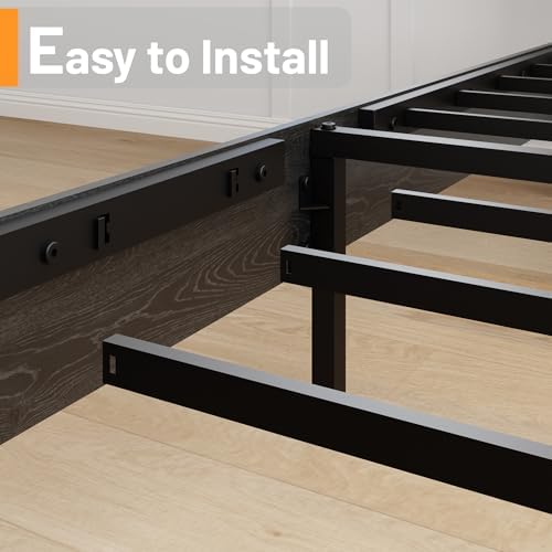 queen size farmhouse wooden bed frame with headboard on a desk or shelf