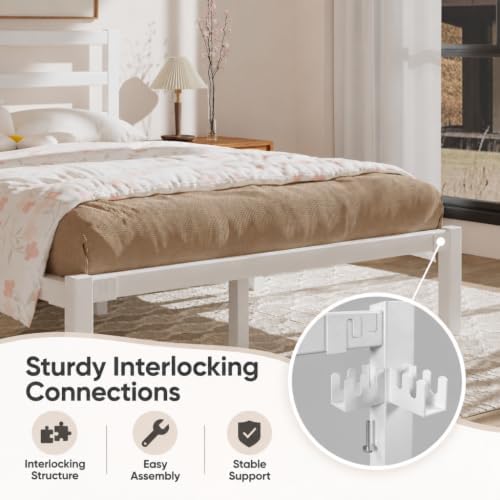 queen metal platform bed frame with headboard, stable, front angle view
