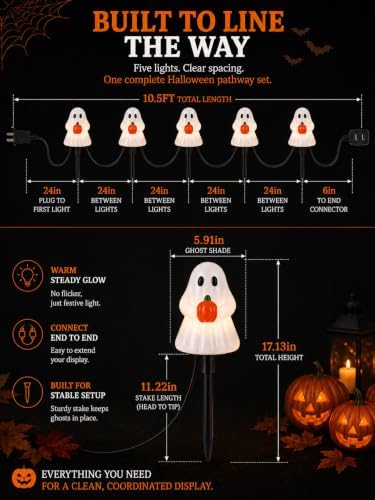 10.5FT Halloween Ghost Pathway Lights, 5 PK Plug in LED Ghost Stake Lights