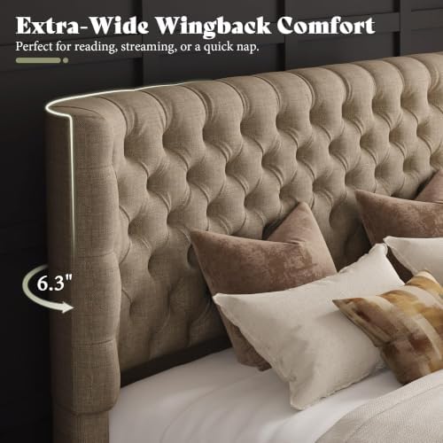 amerlife upholstered bed frame wingback headboard, queen size on a desk or shelf