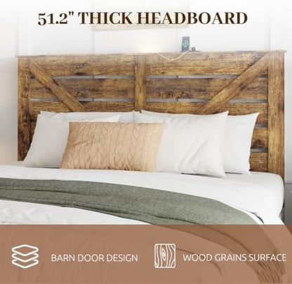 king farmhouse bed frame with headboard, led lights, side view