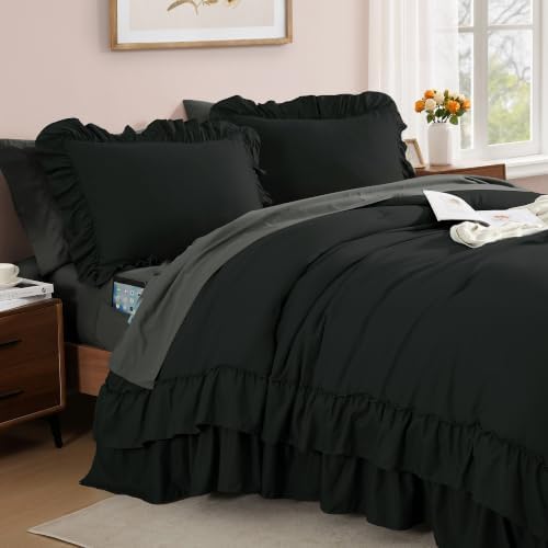 AMBERSPACE Queen Comforter Set Black Ruffle 7 Pieces Farmhouse Bed in a Bag