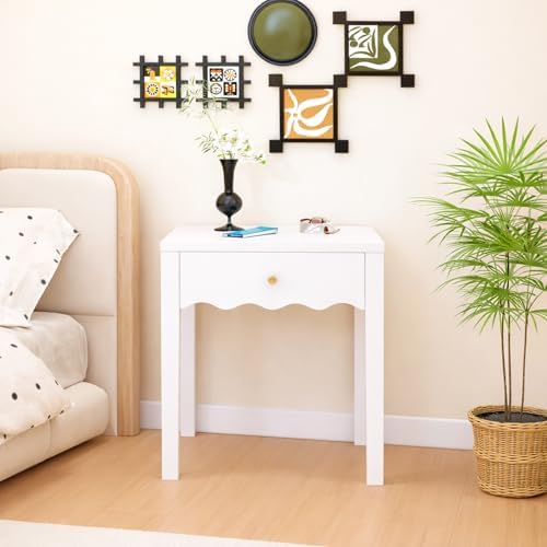 girls nightstand with drawer, cute scalloped bedside table showing dimensions