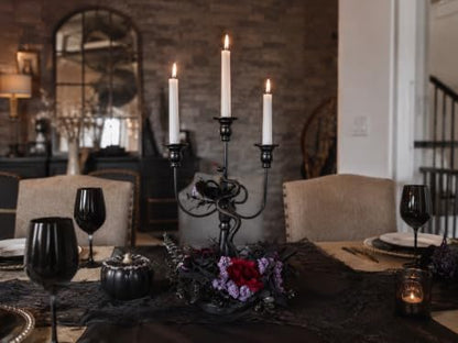 Halloween Candle Holder, 3 Arms Metal Candelabra, Black Candlestick Holder, Gothic Spooky Halloween Decor for Coffee Table/Dining Table Centerpiece, 18" Height