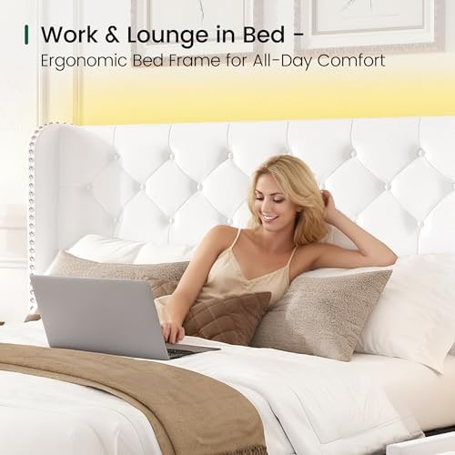 larmace queen size bed frame with led lights on a desk or shelf