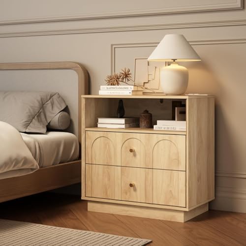 arched design nightstand with charging station, 2 drawers, close-up detail