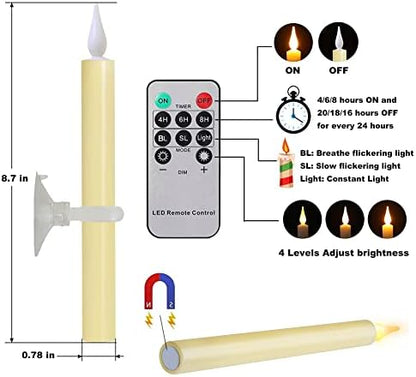 Window Candles Flickering Battery Operated with Remote and Timer, 9 Pack Electric Flameless Taper Candles with Magnetic Base for Christmas Halloween Dinner Wedding Party Decoration