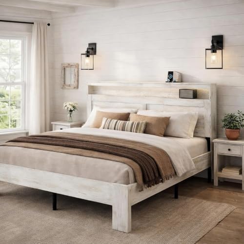 king size wooden bed frame with headboard, rustic, close-up detail