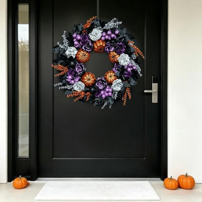 24 Inch Pumpkins Purple Black Halloween Wreaths for Front Door