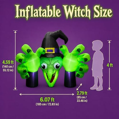 6FT Giant Halloween Inflatables Wicked Witch with Huge Grabbing Hands, LED Halloween Blow Ups Decorations, Creepy Inflatable Halloween Decorations Outdoor for Yard, Lawn, Garden, Porch and Party