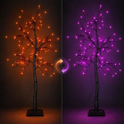 5FT Lighted Halloween Tree, 102 LED Dual Color Black Glitter Tree