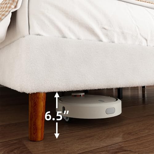 king bed frame, boucle upholstered platform bed with, front angle view