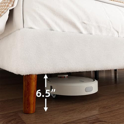 king bed frame, boucle upholstered platform bed with, front angle view