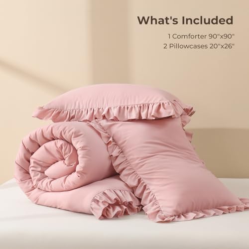 litanika queen comforter set, 3 pieces blush ruffle, front angle view