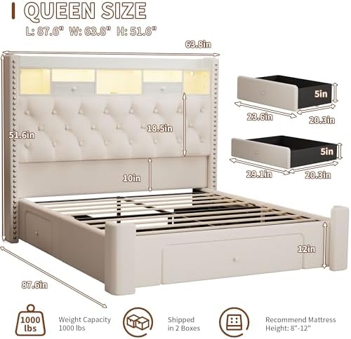 queen size bed frame with 3 storage drawers shown in use