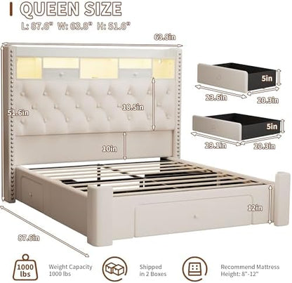 queen size bed frame with 3 storage drawers shown in use