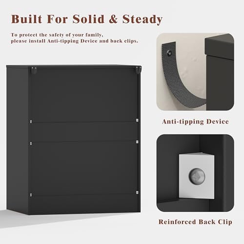 3 drawer dresser, fluted nightstand with storage,black, side view