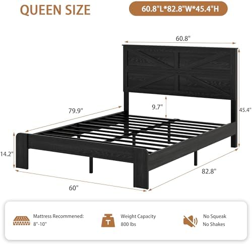 queen size farmhouse wooden bed frame with headboard shown in use