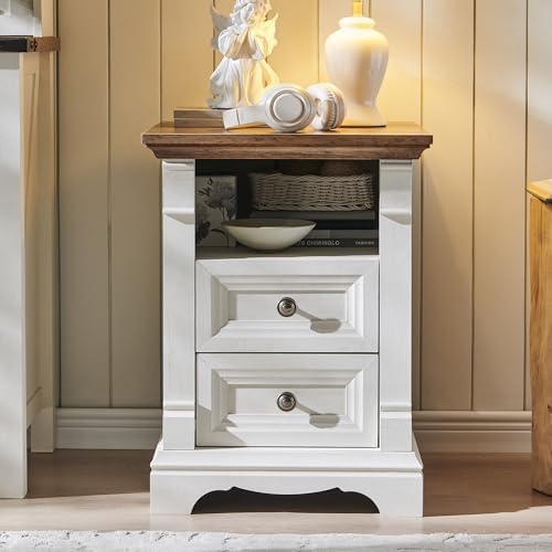 farmhouse nightstand with charging station 18"wood end table, front angle view