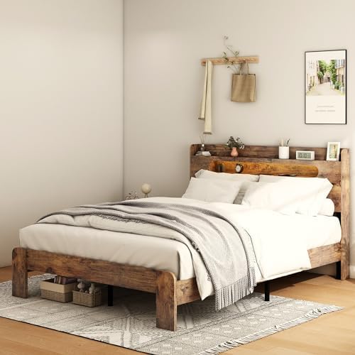 wooden queen bed frame with storage headboard, farmhouse, package contents