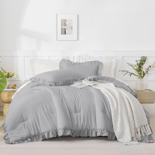 andency silver gray ruffle comforter twin size, 2 shown in use