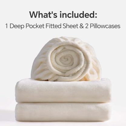 bedelite fleece queen fitted sheet & pillowcases set on a desk or shelf