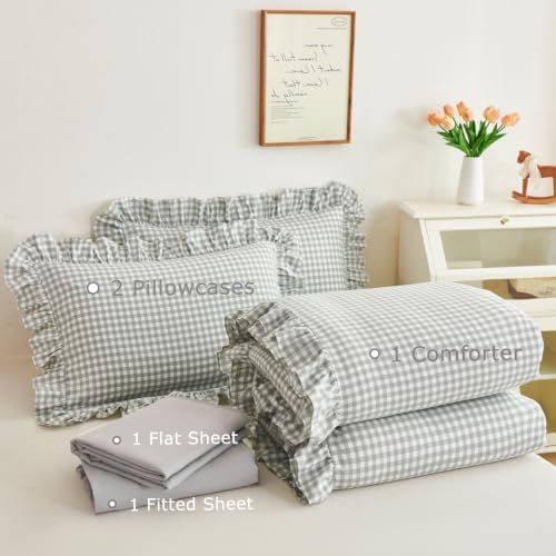 RYNGHIPY Gingham Comforter Set Twin 5 Pieces Gray Ruffle Plaid Bedding Set