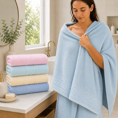 100% cotton bath towels,4 pack,30" x 60" inches shown in use