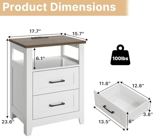 decofy farmhouse 2-drawer nightstand with charging station, white shown in use