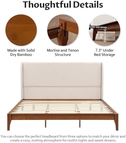 merax queen size bamboo platform bed, mid-century bed, side view