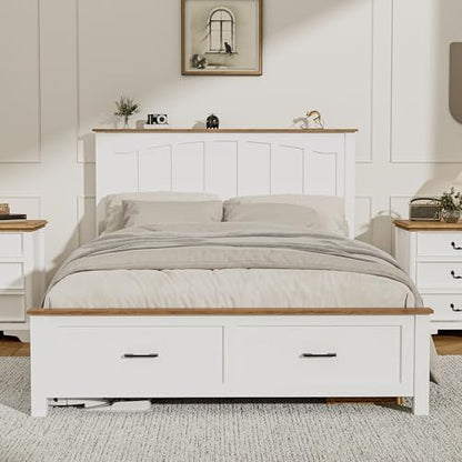 white full size wooden bed frame with built-in, close-up detail