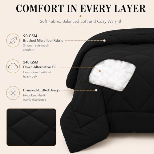 CozyLux Queen Comforter Set 88"x88" Black - 7 Piece Bed in a Bag