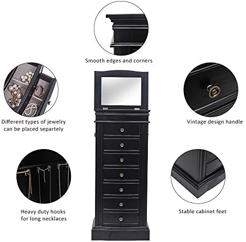 standing jewelry armoire with mirror, large jewelry cabinet showing dimensions