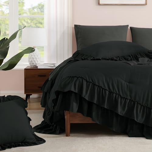 AMBERSPACE Queen Comforter Set Black Ruffle 7 Pieces Farmhouse Bed in a Bag