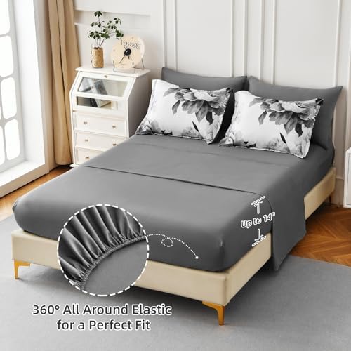 Dobuyly Grey Queen Comforter Set 7 Piece Bed in a Bag, Gray Floral Printed on...
