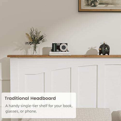 white full size wooden bed frame with built-in, side view
