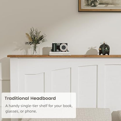 white full size wooden bed frame with built-in, side view