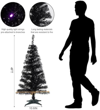Juegoal Lighted Artificial Halloween Black Christmas Tree, 4FT Black Tinsel Pine Tree with 70 LED Purple Lights, 8 Modes & Timer for Home Party Decorations