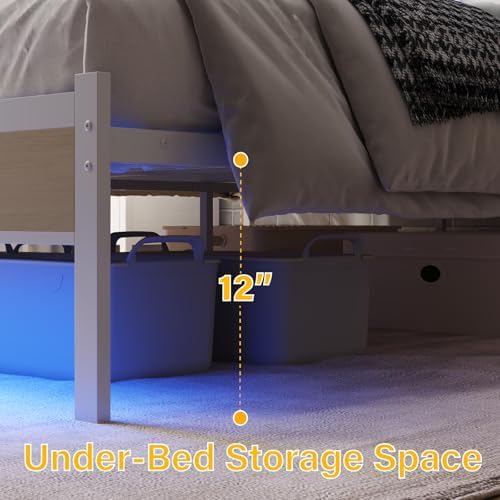 queen bed frames with charging station and led showing dimensions