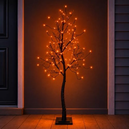 5FT Lighted Halloween Tree, 102 LED Dual Color Black Glitter Tree