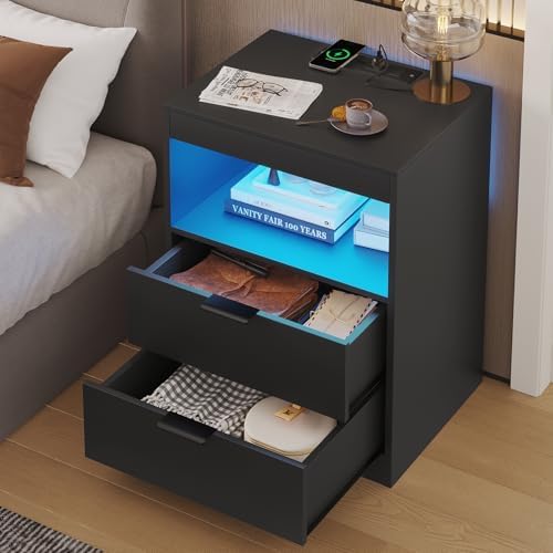 adorneve black led nightstand with wireless charging station on a desk or shelf