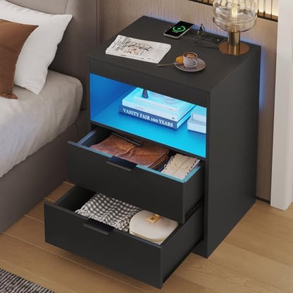 adorneve black led nightstand with wireless charging station on a desk or shelf