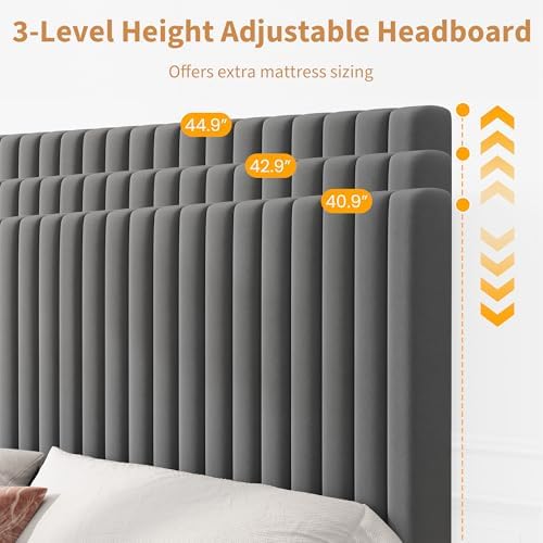 full bed frame with adjustable headboard, velvet upholstered, side view