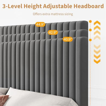 full bed frame with adjustable headboard, velvet upholstered, side view