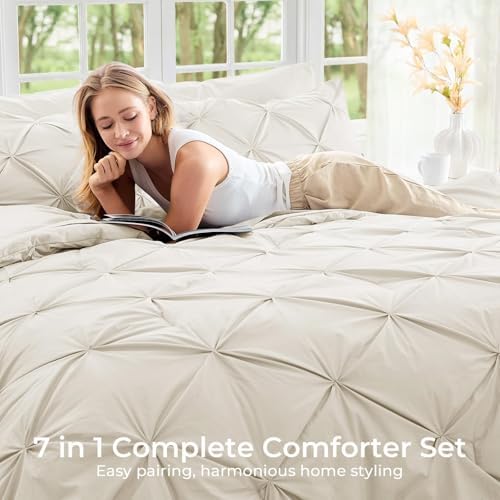 Sasttie Queen Comforter Set, 7-Piece Bed in a Bag, Pintuck Bedding Sets for A...