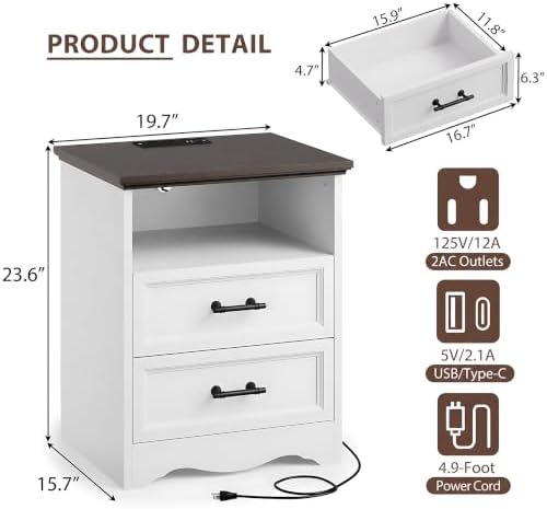 yansnwo white nightstand with charging station, 19.7" 2-drawer, close-up detail