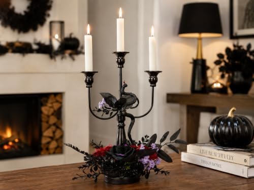 Halloween Candle Holder, 3 Arms Metal Candelabra, Black Candlestick Holder, Gothic Spooky Halloween Decor for Coffee Table/Dining Table Centerpiece, 18" Height