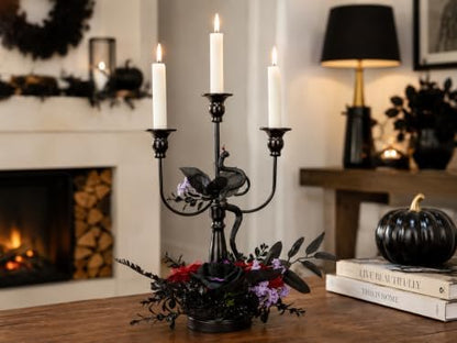 Halloween Candle Holder, 3 Arms Metal Candelabra, Black Candlestick Holder, Gothic Spooky Halloween Decor for Coffee Table/Dining Table Centerpiece, 18" Height