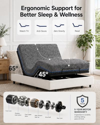 marsail adjustable bed frame full with mattress & showing dimensions